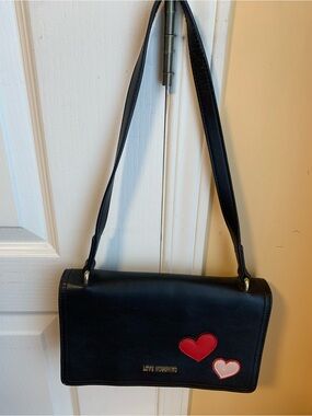 Love Moschino Black Shoulder Bag with Red and Pink Heart Appliqués